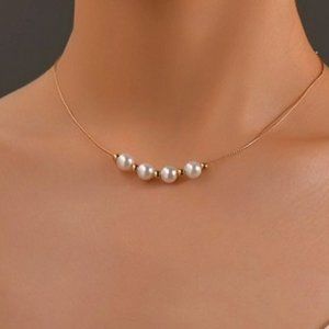 Gold Colored Faux Pearl with Gold Colored Beads Necklace